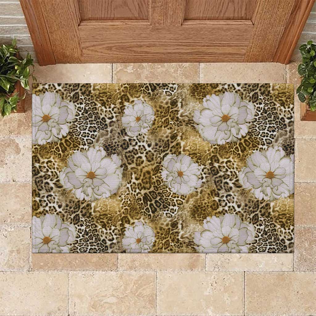 African Leopard Floral Pattern Rubber Doormat Savannah Gold