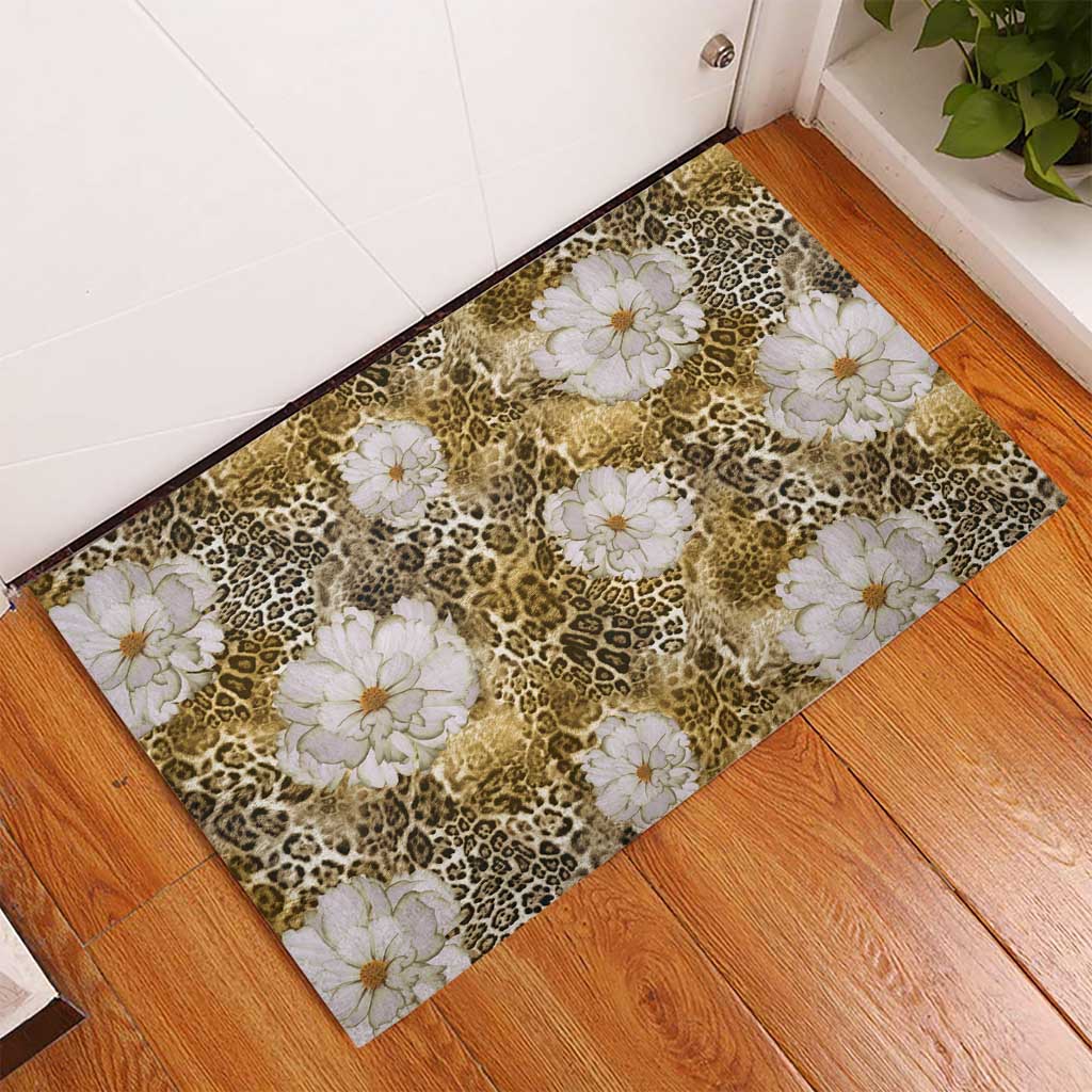 African Leopard Floral Pattern Rubber Doormat Savannah Gold