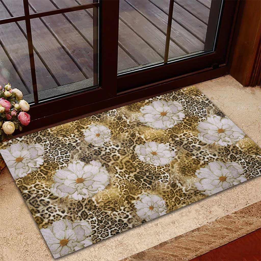 African Leopard Floral Pattern Rubber Doormat Savannah Gold