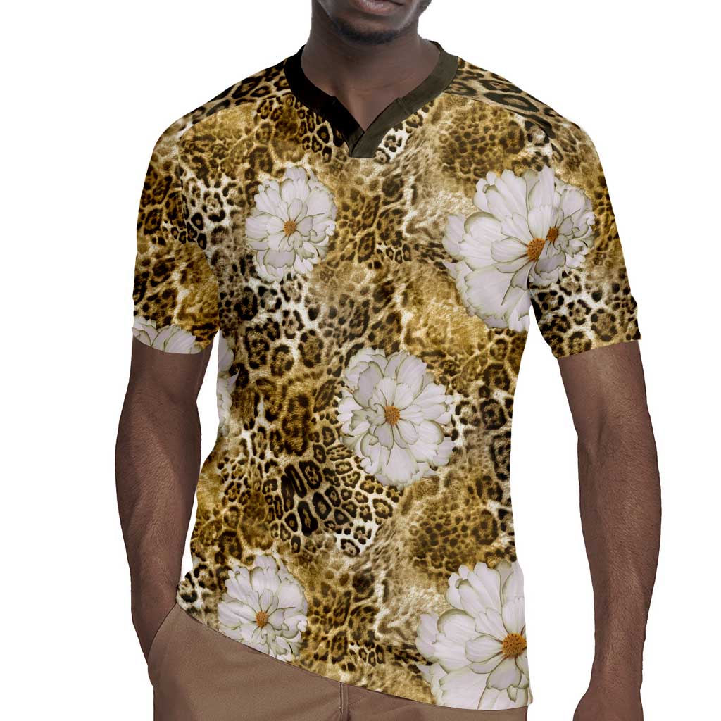 African Leopard Floral Pattern Rugby Jersey Savannah Gold