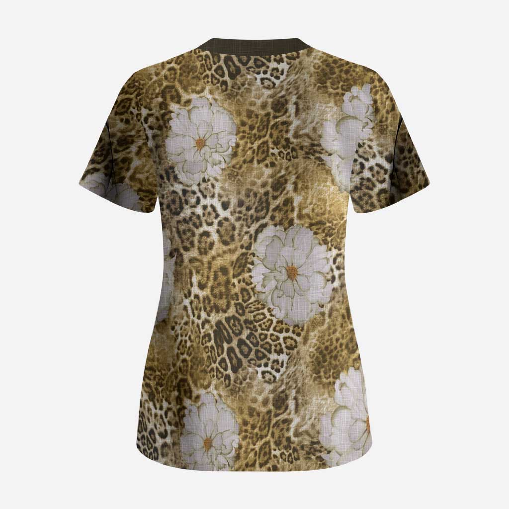 African Leopard Floral Pattern Scrub Top Savannah Gold
