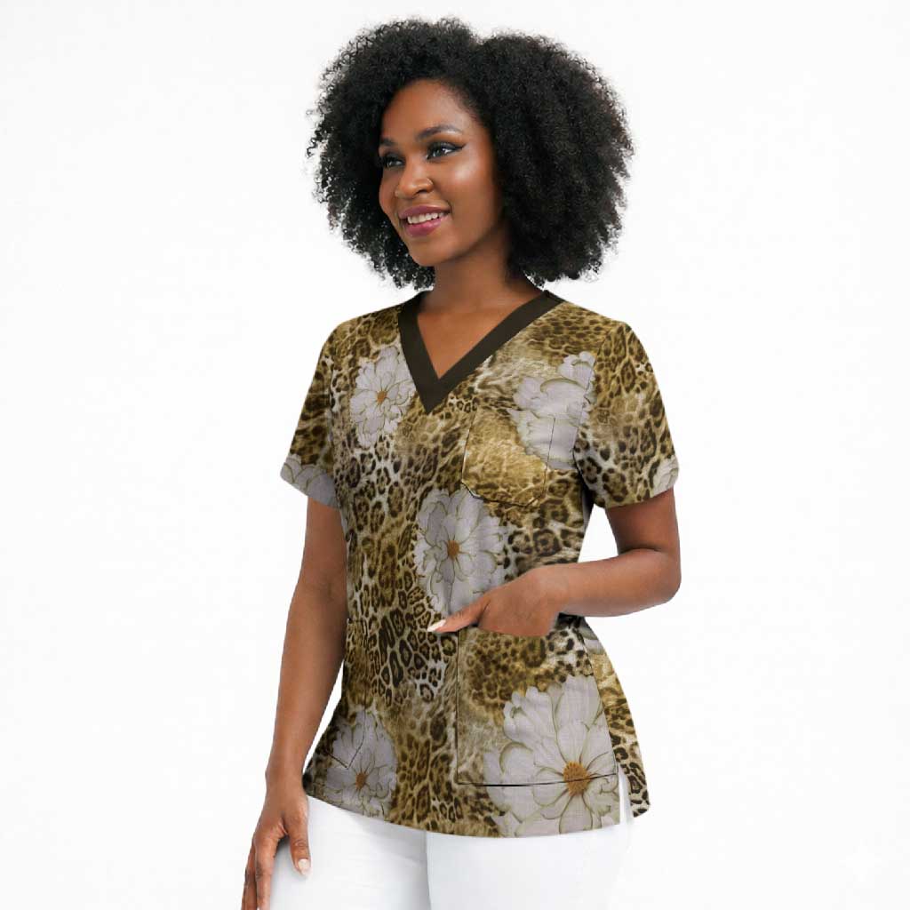 African Leopard Floral Pattern Scrub Top Savannah Gold