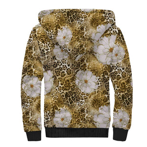 African Leopard Floral Pattern Sherpa Hoodie Savannah Gold