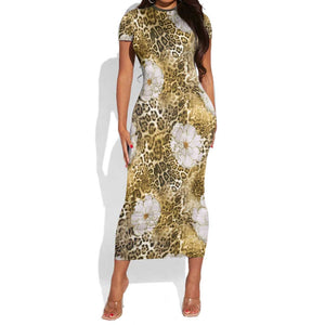 African Leopard Floral Pattern Short Sleeve Bodycon Dress Savannah Gold