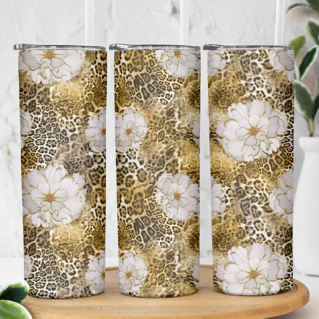 African Leopard Floral Pattern Skinny Tumbler Savannah Gold