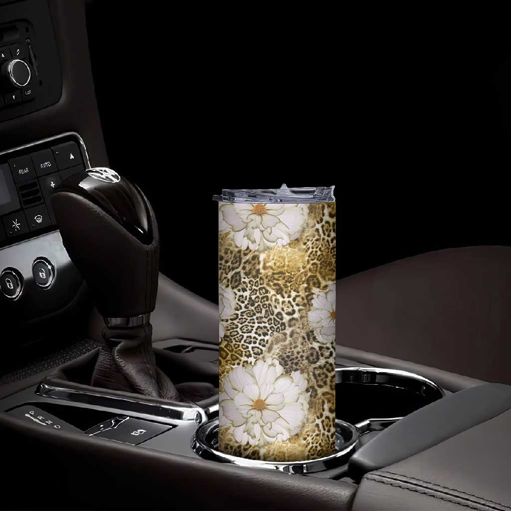 African Leopard Floral Pattern Skinny Tumbler Savannah Gold