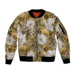 African Leopard Floral Pattern Sleeve Zip Bomber Jacket Savannah Gold