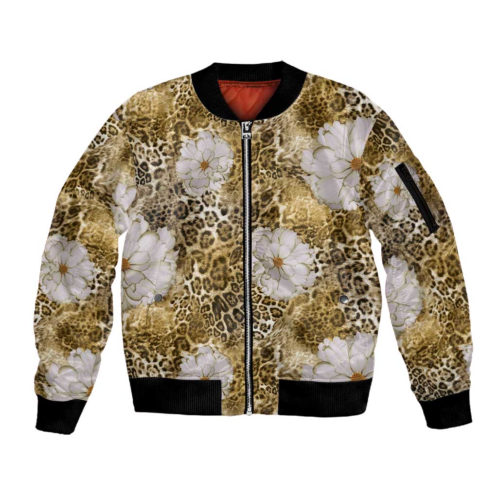 African Leopard Floral Pattern Sleeve Zip Bomber Jacket Savannah Gold