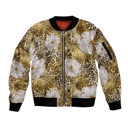 African Leopard Floral Pattern Sleeve Zip Bomber Jacket Savannah Gold