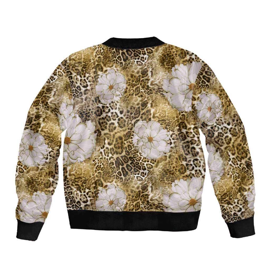 African Leopard Floral Pattern Sleeve Zip Bomber Jacket Savannah Gold