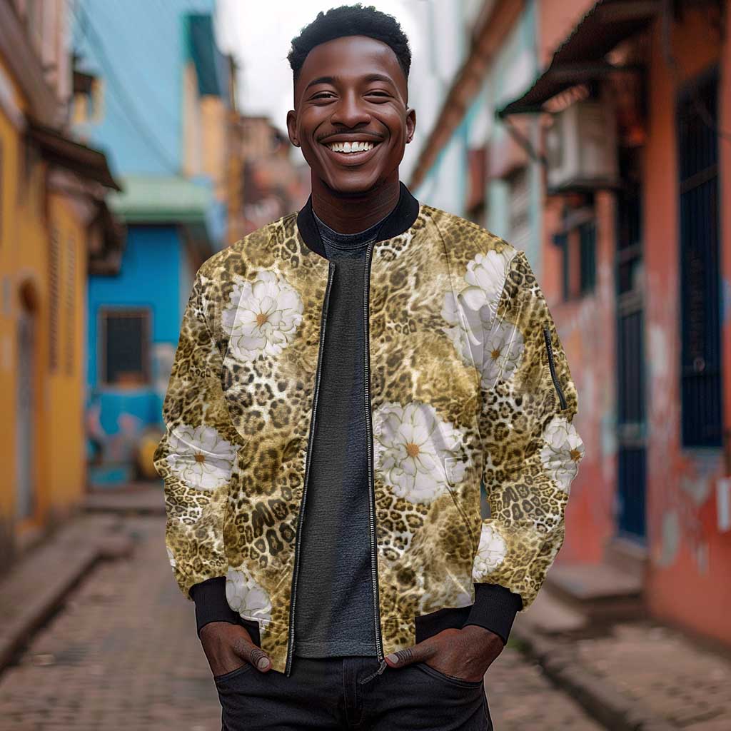 African Leopard Floral Pattern Sleeve Zip Bomber Jacket Savannah Gold