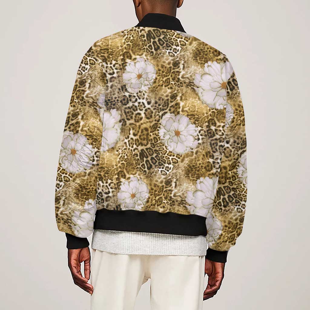 African Leopard Floral Pattern Sleeve Zip Bomber Jacket Savannah Gold