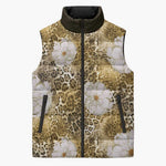 African Leopard Floral Pattern Sleeveless Puffer Jacket Savannah Gold