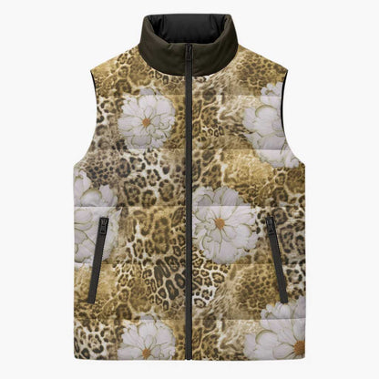 African Leopard Floral Pattern Sleeveless Puffer Jacket Savannah Gold