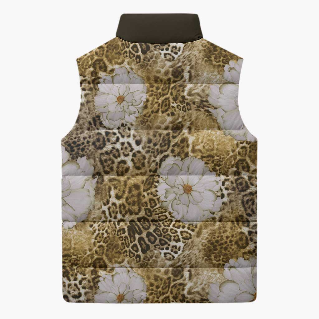 African Leopard Floral Pattern Sleeveless Puffer Jacket Savannah Gold