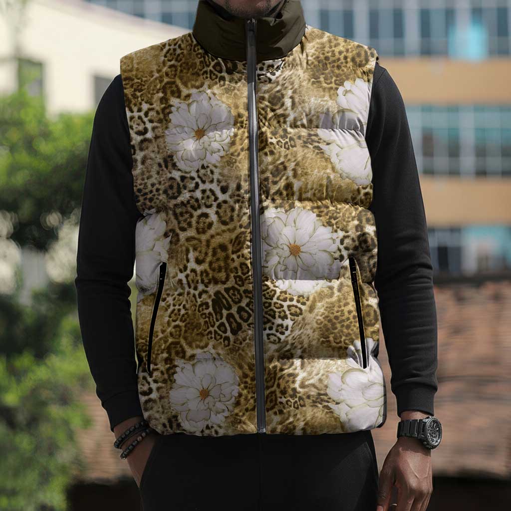 African Leopard Floral Pattern Sleeveless Puffer Jacket Savannah Gold