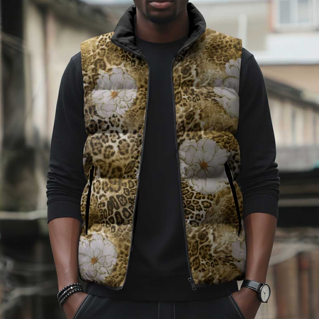 African Leopard Floral Pattern Sleeveless Puffer Jacket Savannah Gold