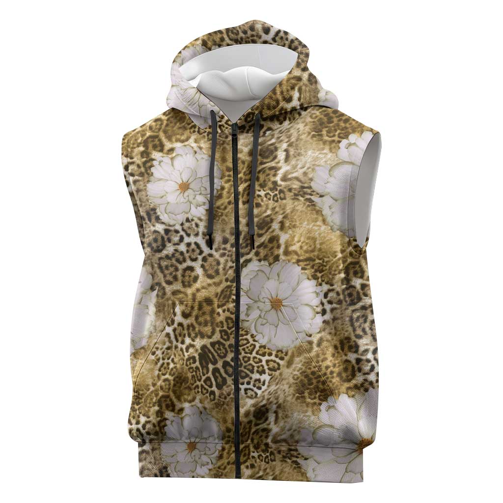 African Leopard Floral Pattern Sleeveless Zip Hoodie Savannah Gold