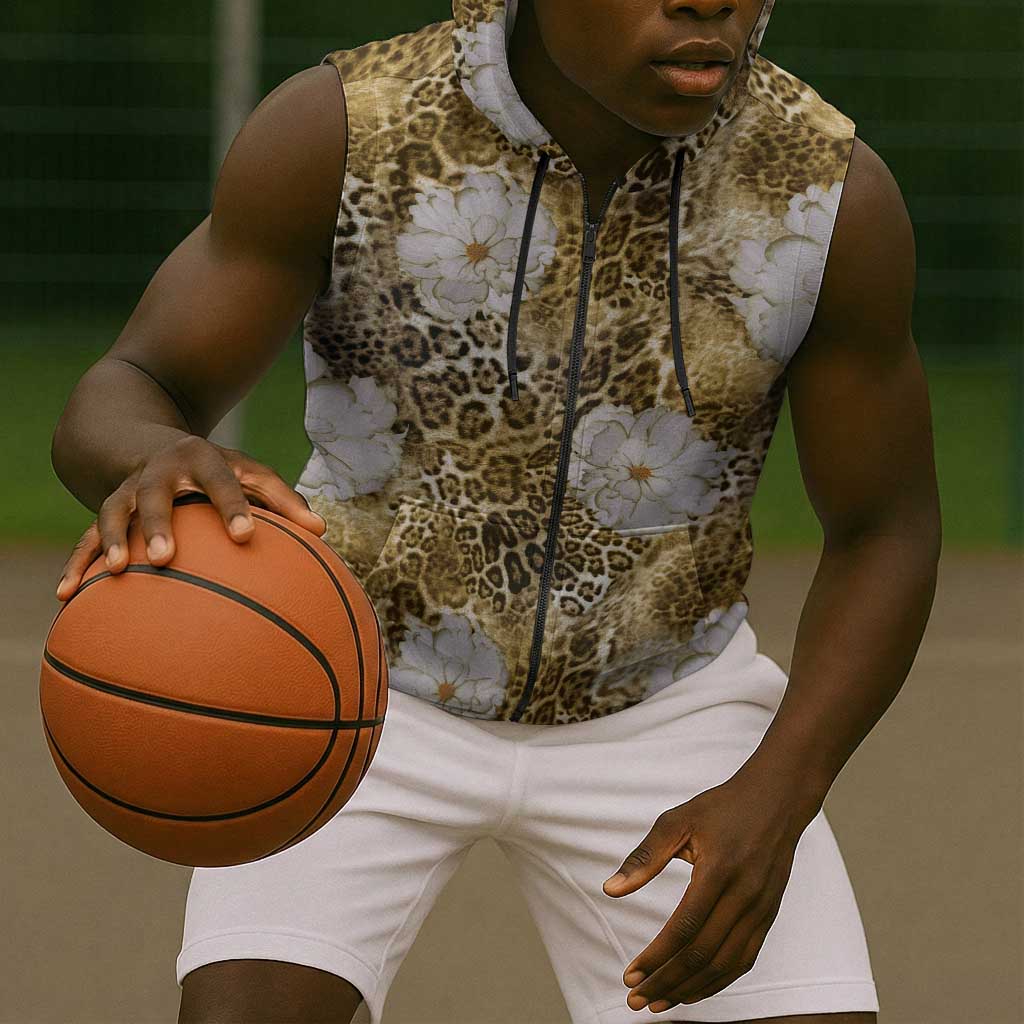 African Leopard Floral Pattern Sleeveless Zip Hoodie Savannah Gold