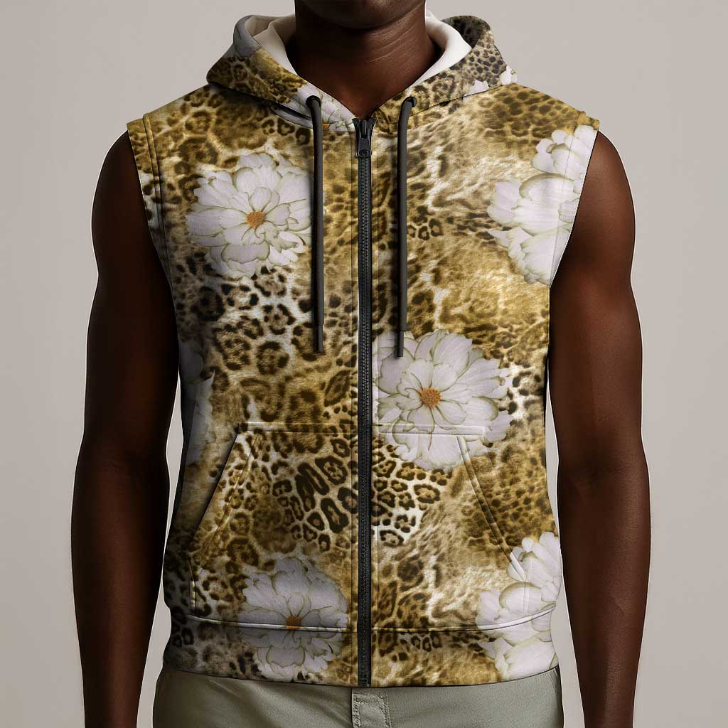 African Leopard Floral Pattern Sleeveless Zip Hoodie Savannah Gold
