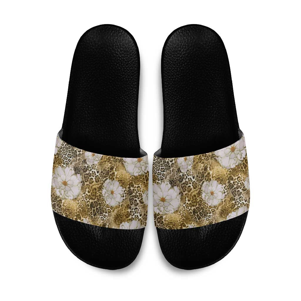 African Leopard Floral Pattern Slide Sandals Savannah Gold