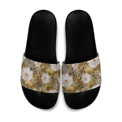 African Leopard Floral Pattern Slide Sandals Savannah Gold
