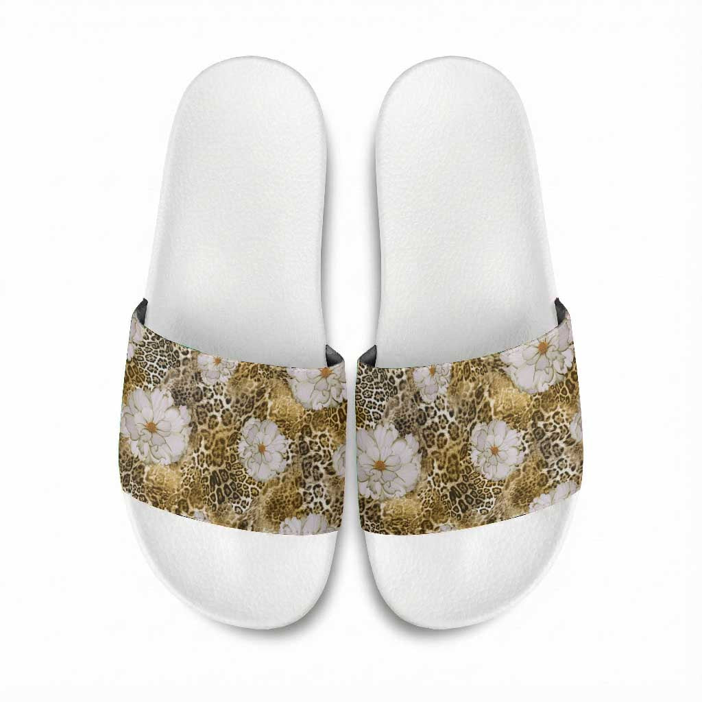 African Leopard Floral Pattern Slide Sandals Savannah Gold