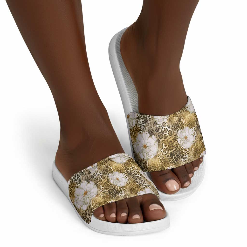 African Leopard Floral Pattern Slide Sandals Savannah Gold