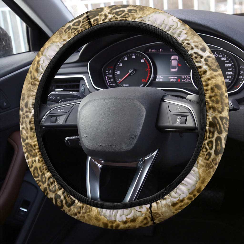 African Leopard Floral Pattern Steering Wheel Cover Savannah Gold