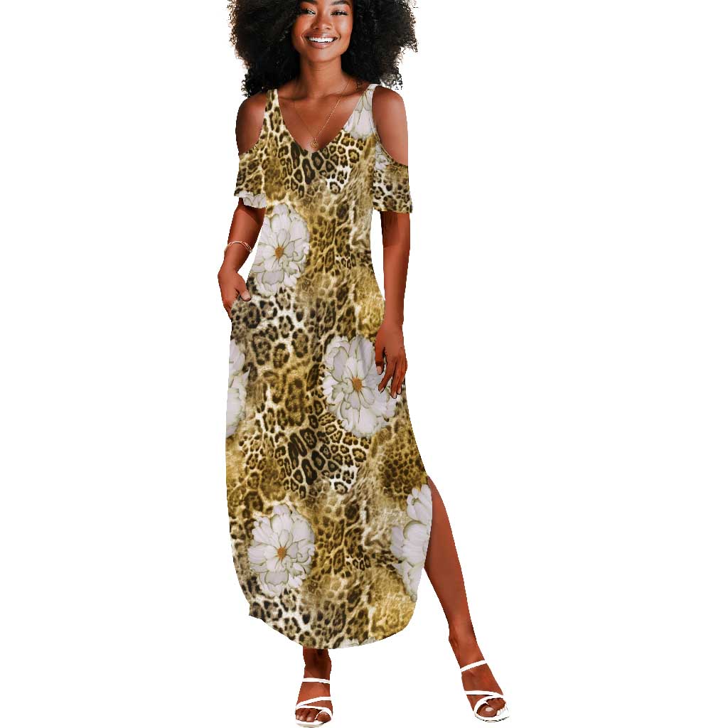 African Leopard Floral Pattern Summer Maxi Dress Savannah Gold