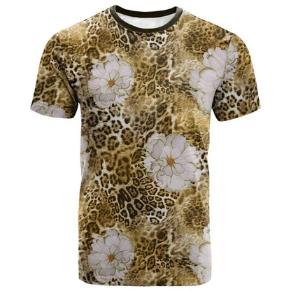 African Leopard Floral Pattern T shirt Savannah Gold