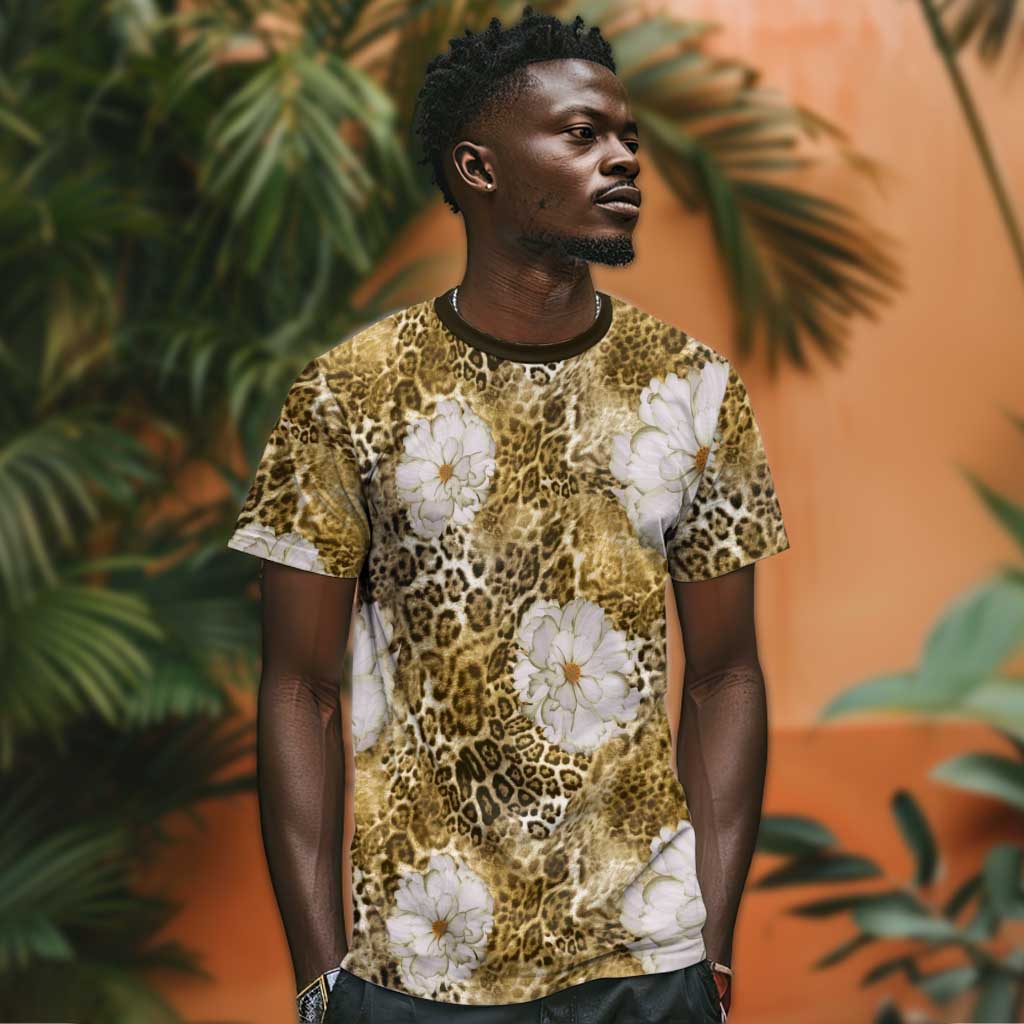 African Leopard Floral Pattern T shirt Savannah Gold