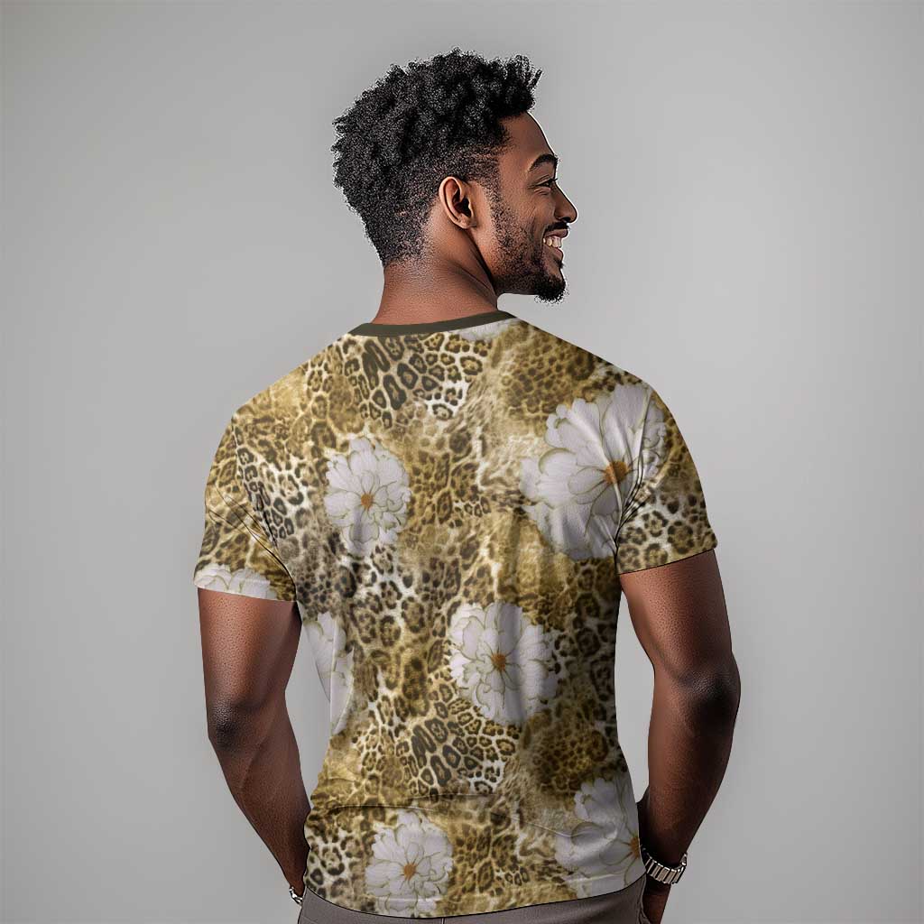African Leopard Floral Pattern T shirt Savannah Gold