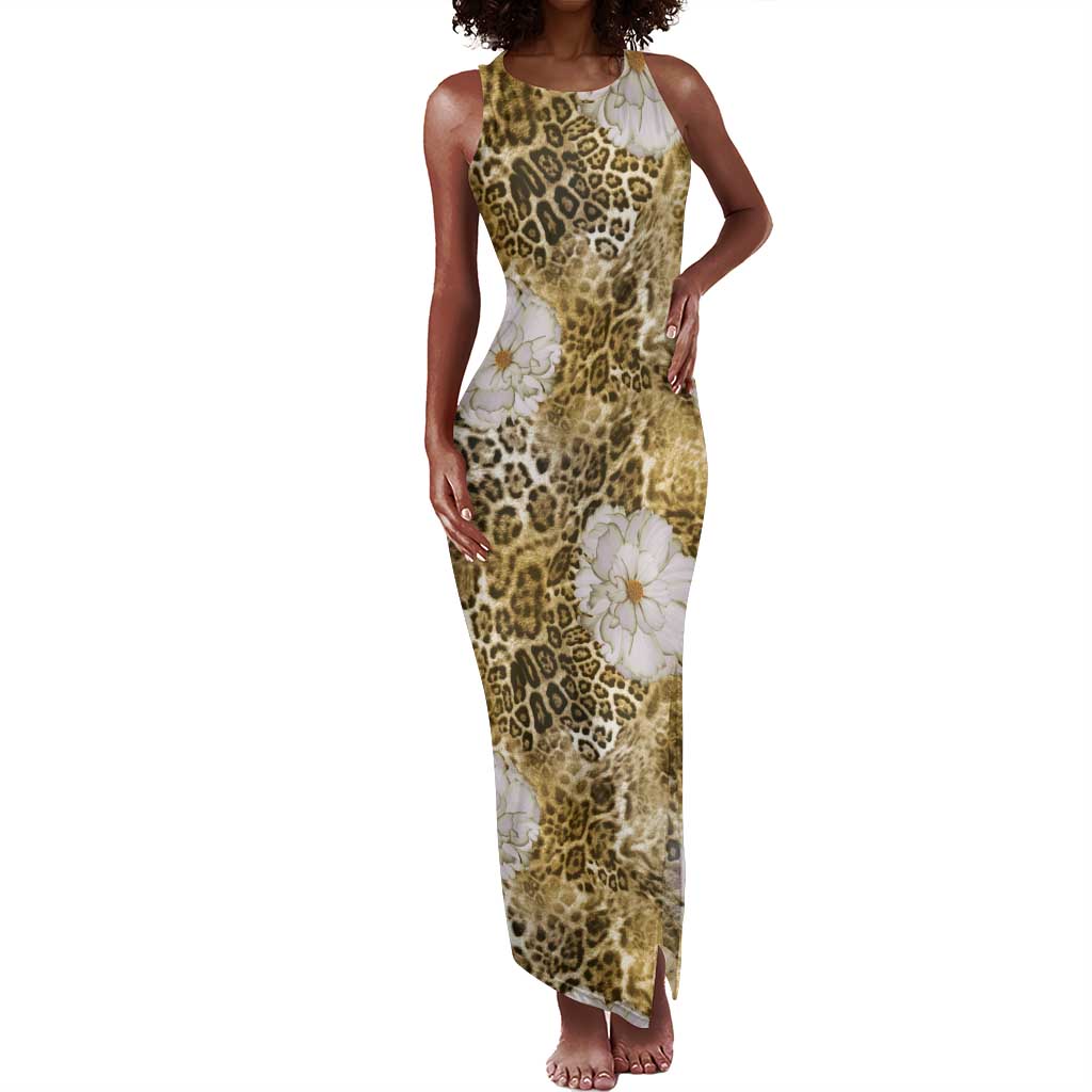 African Leopard Floral Pattern Tank Maxi Dress Savannah Gold