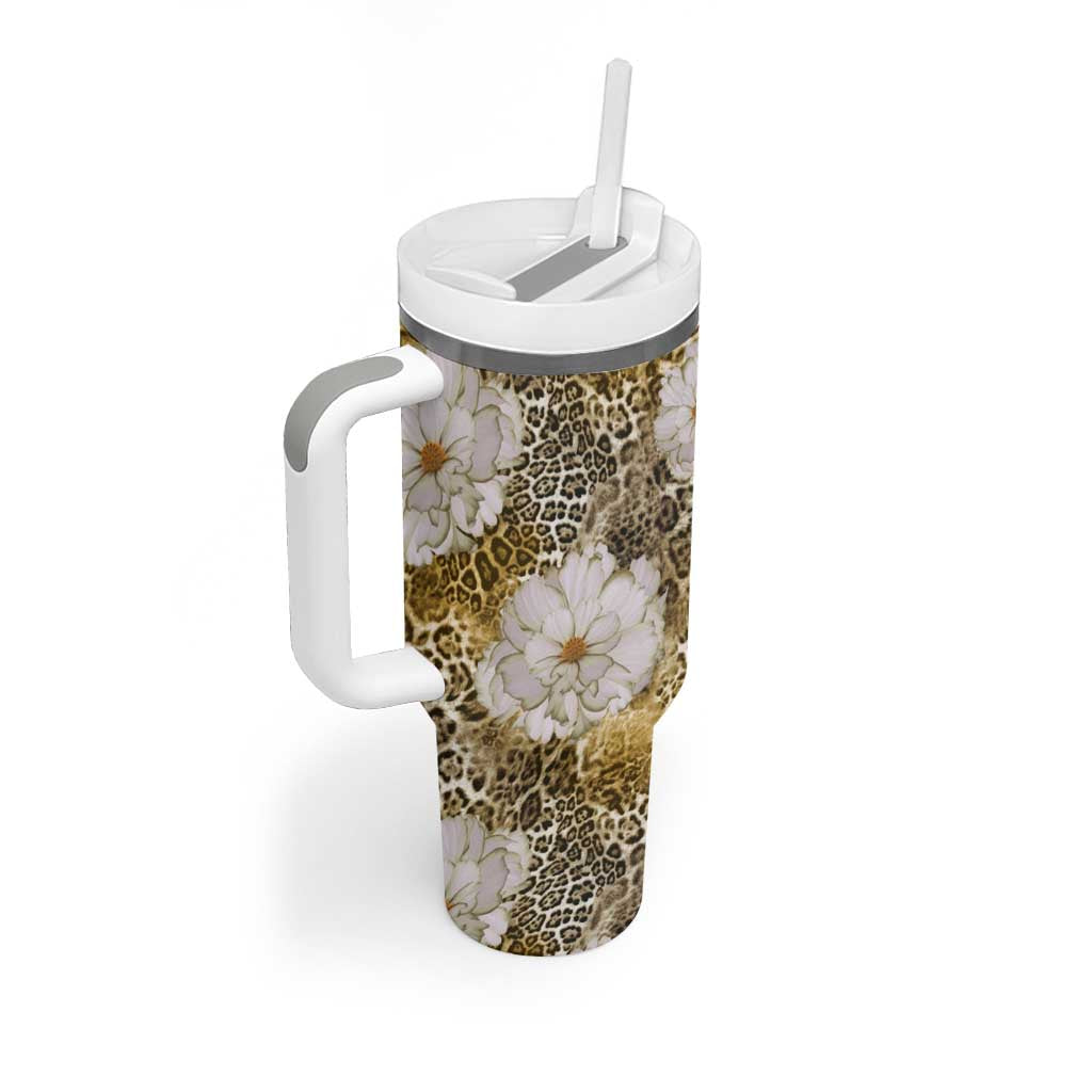 African Leopard Floral Pattern Tumbler With Handle Savannah Gold