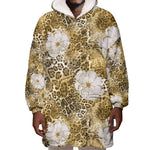 African Leopard Floral Pattern Wearable Blanket Hoodie Savannah Gold