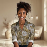 African Leopard Floral Pattern Women Casual Shirt Savannah Gold