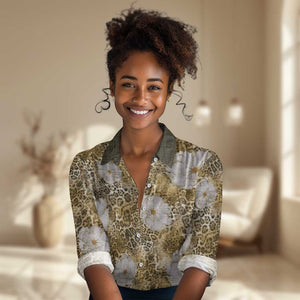 African Leopard Floral Pattern Women Casual Shirt Savannah Gold