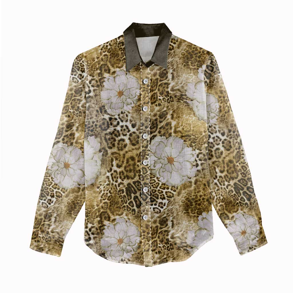 African Leopard Floral Pattern Women Casual Shirt Savannah Gold