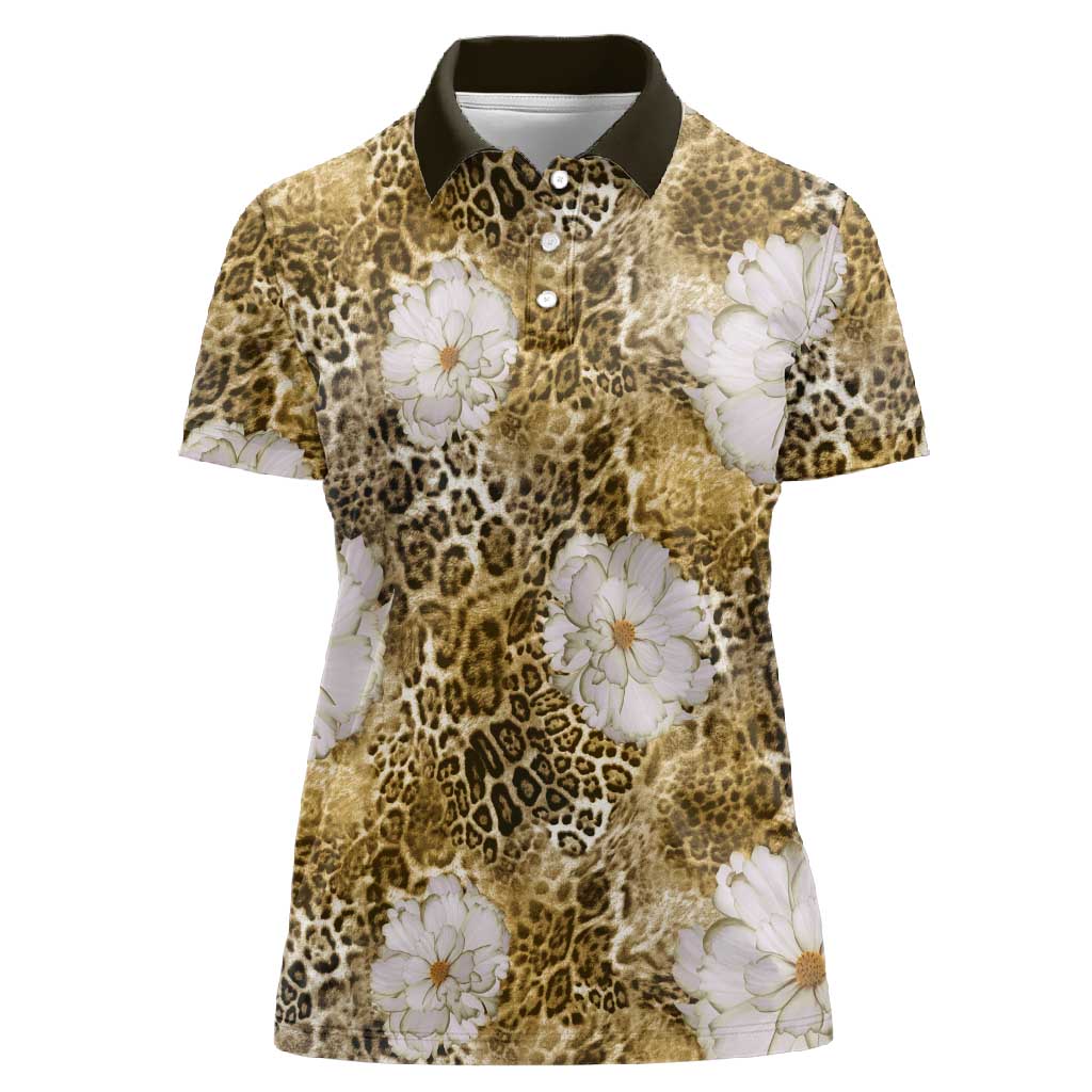 African Leopard Floral Pattern Women Polo Shirt Savannah Gold
