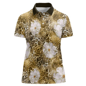 African Leopard Floral Pattern Women Polo Shirt Savannah Gold