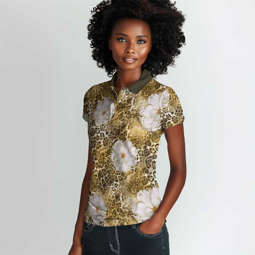African Leopard Floral Pattern Women Polo Shirt Savannah Gold