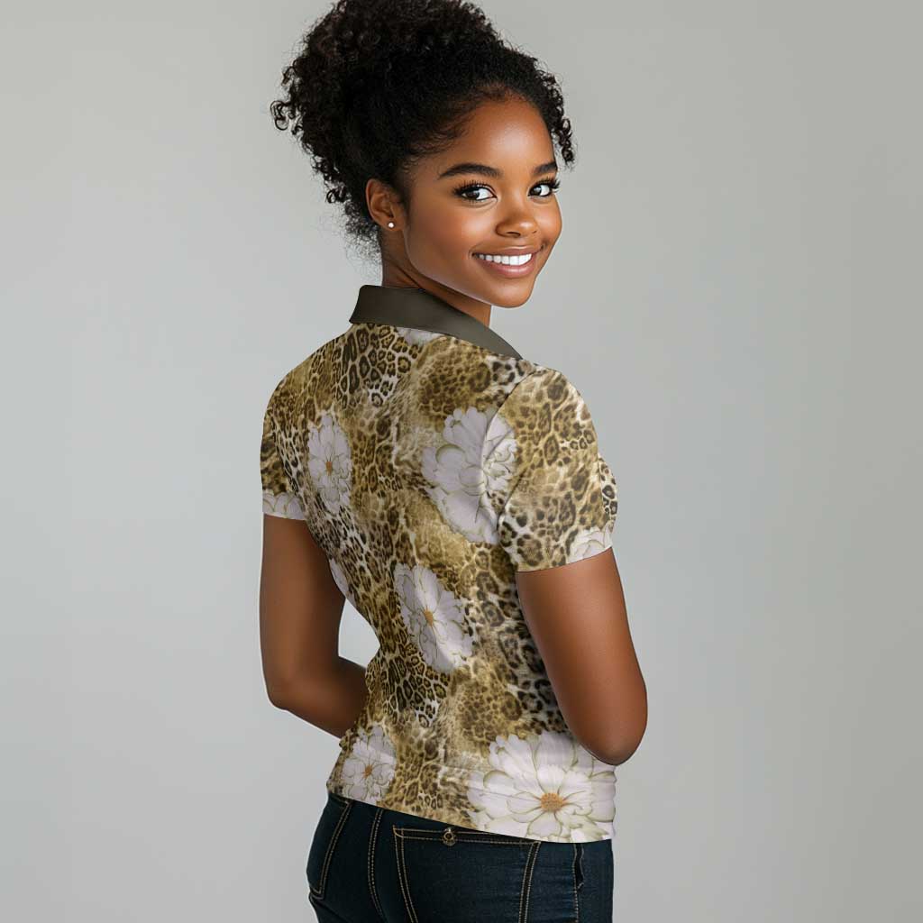 African Leopard Floral Pattern Women Polo Shirt Savannah Gold