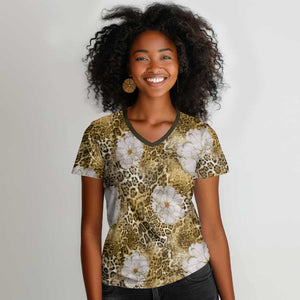 African Leopard Floral Pattern Women V-Neck T-Shirt Savannah Gold