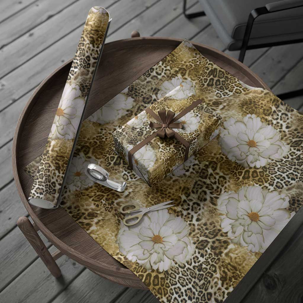 African Leopard Floral Pattern Wrapping Paper Savannah Gold