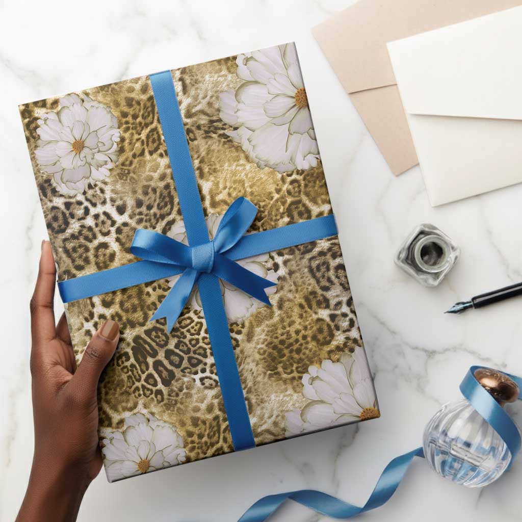 African Leopard Floral Pattern Wrapping Paper Savannah Gold