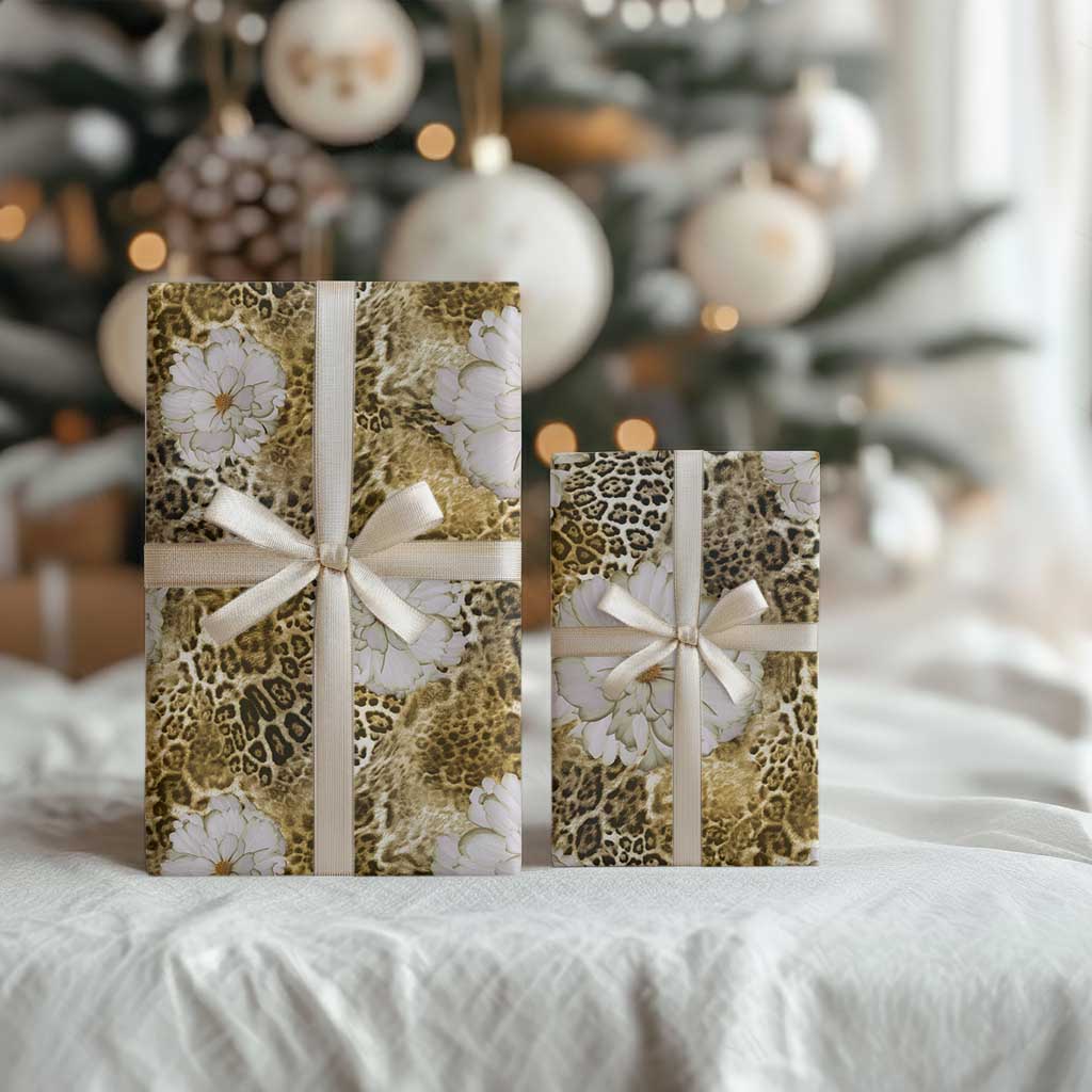 African Leopard Floral Pattern Wrapping Paper Savannah Gold