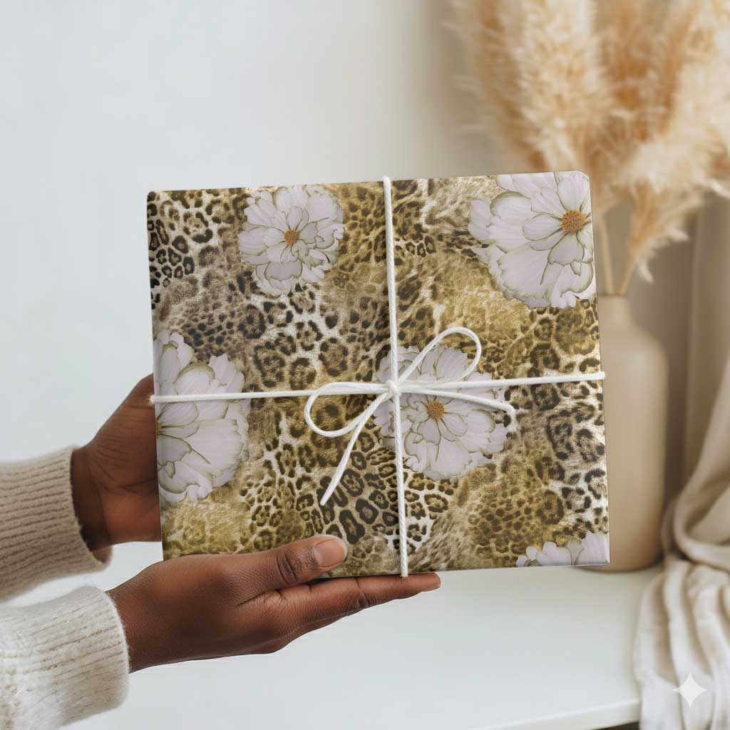 African Leopard Floral Pattern Wrapping Paper Savannah Gold