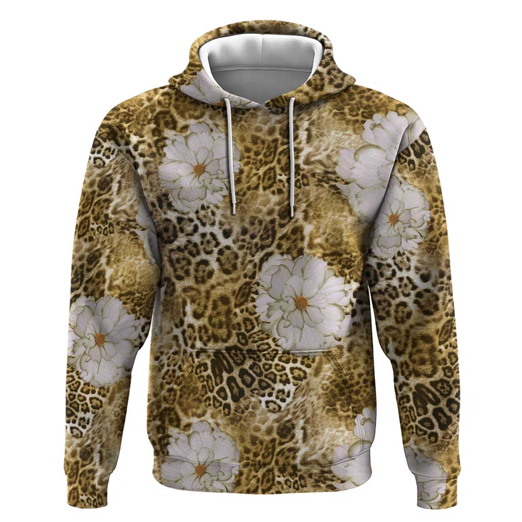 African Leopard Floral Pattern Zip Hoodie Savannah Gold