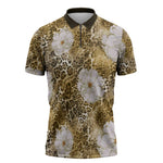 African Leopard Floral Pattern Zipper Polo Shirt Savannah Gold